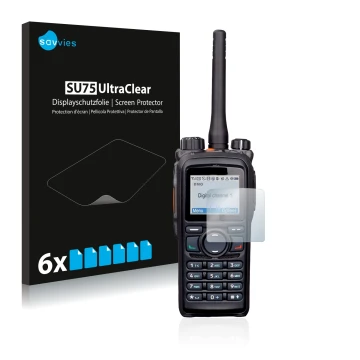 Front side of a product packaging with the brand logo Savvies. Next to it is the device Hytera PD785 shown with the correspond