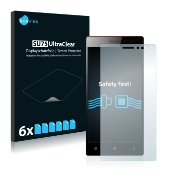 Front side of a product packaging with the brand logo Savvies. Next to it is the device Lenovo Vibe X2 shown with the correspo