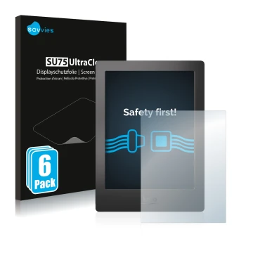 Front side of a product packaging with the brand logo Savvies. Next to it is the device Kobo Aura H2O shown with the correspon