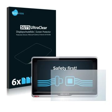 Front side of a product packaging with the brand logo Savvies. Next to it is the device Becker Professional 6 LMU shown with t