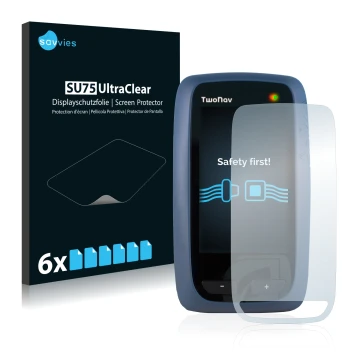 Front side of a product packaging with the brand logo Savvies. Next to it is the device CompeGPS TwoNav Anima shown with the c