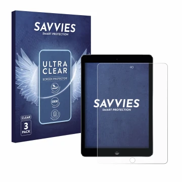 Front side of a product packaging with the brand logo Savvies. Next to it is the device Apple iPad Air 2 2014 shown with the c