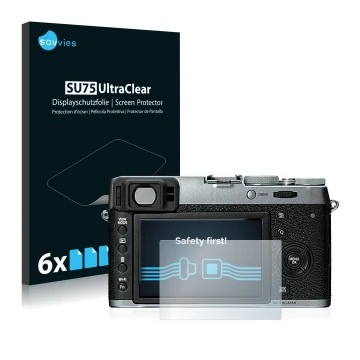 Front side of a product packaging with the brand logo Savvies. Next to it is the device Fujifilm X100T shown with the correspo