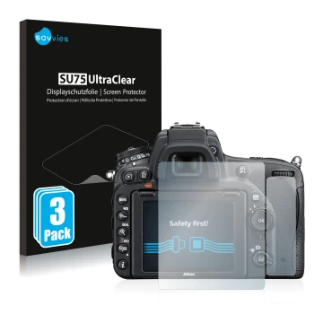 Front side of a product packaging with the brand logo Savvies. Next to it is the device Nikon D750 shown with the correspondin