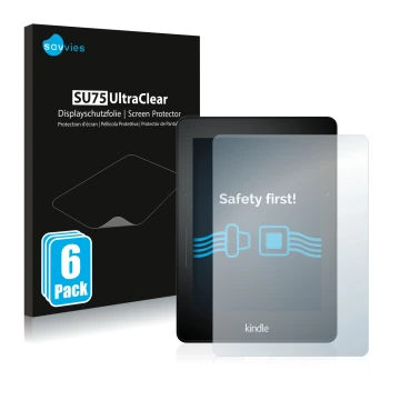 Front side of a product packaging with the brand logo Savvies. Next to it is the device Amazon Kindle Voyage shown with the co