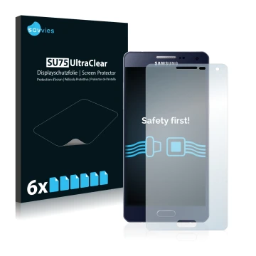 Front side of a product packaging with the brand logo Savvies. Next to it is the device Samsung Galaxy A5 2015 shown with the 