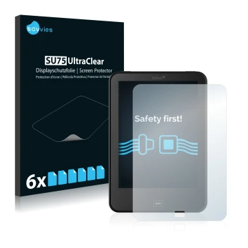 Front side of a product packaging with the brand logo Savvies. Next to it is the device Tolino Vision 2 shown with the corresp