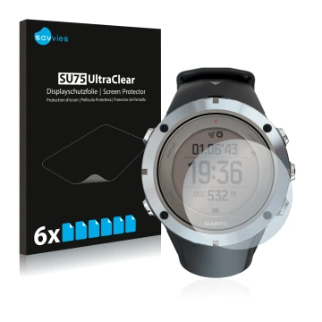 Front side of a product packaging with the brand logo Savvies. Next to it is the device Suunto Ambit3 Peak Sapphire shown with