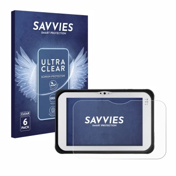 Front side of a product packaging with the brand logo Savvies. Next to it is the device Panasonic Toughpad FZ-M1 shown with th