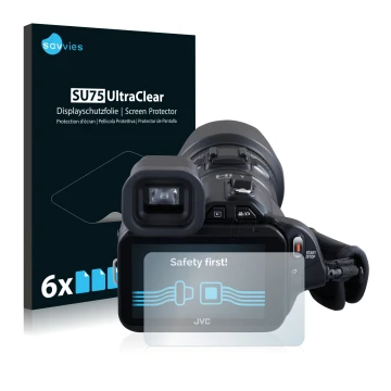 Front side of a product packaging with the brand logo Savvies. Next to it is the device JVC GC-PX100BEU shown with the corresp