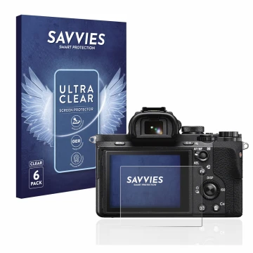 Front side of a product packaging with the brand logo Savvies. Next to it is the device Sony Alpha 7 II (ILCE-7M2) shown with 