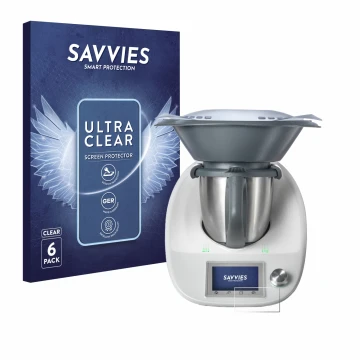 Front side of a product packaging with the brand logo Savvies. Next to it is the device Vorwerk Thermomix TM5 shown with the c