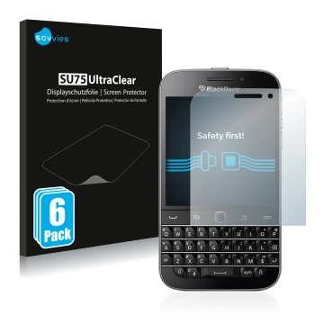 Front side of a product packaging with the brand logo Savvies. Next to it is the device Blackberry Classic Q20 shown with the 