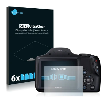Front side of a product packaging with the brand logo Savvies. Next to it is the device Canon PowerShot SX530 HS shown with th