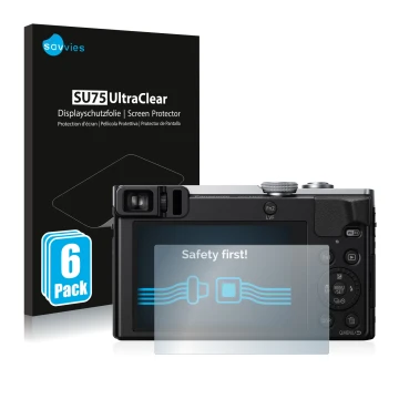 Front side of a product packaging with the brand logo Savvies. Next to it is the device Panasonic Lumix DMC-TZ71 shown with th