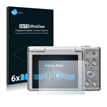 Front side of a product packaging with the brand logo Savvies. Next to it is the device Panasonic Lumix DMC-SZ10 shown with th