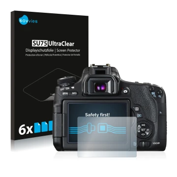 Front side of a product packaging with the brand logo Savvies. Next to it is the device Canon EOS 760D shown with the correspo