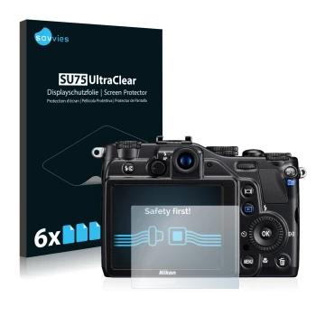 Front side of a product packaging with the brand logo Savvies. Next to it is the device Nikon Coolpix S7000 shown with the cor