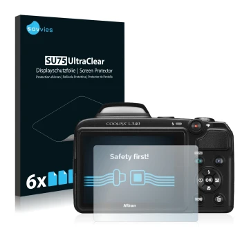 Front side of a product packaging with the brand logo Savvies. Next to it is the device Nikon Coolpix L340 shown with the corr