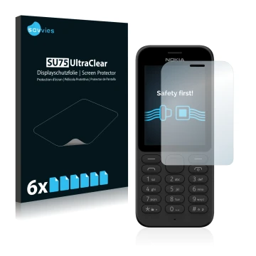 Front side of a product packaging with the brand logo Savvies. Next to it is the device Microsoft Nokia 215 shown with the cor