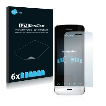 Front side of a product packaging with the brand logo Savvies. Next to it is the device Gigaset SL910 (oblong cutout) shown wi