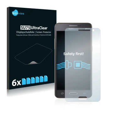 Front side of a product packaging with the brand logo Savvies. Next to it is the device Samsung Galaxy Grand Prime SM-G530FZ s