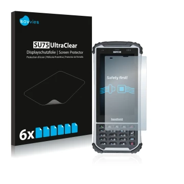 Front side of a product packaging with the brand logo Savvies. Next to it is the device Handheld Nautiz X8 shown with the corr