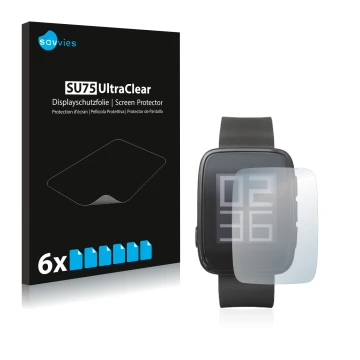 Front side of a product packaging with the brand logo Savvies. Next to it is the device GoClever Chronos Eco Smartwatch shown 