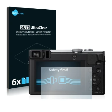 Front side of a product packaging with the brand logo Savvies. Next to it is the device Panasonic Lumix DMC-TZ70 shown with th