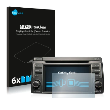 Front side of a product packaging with the brand logo Savvies. Next to it is the device Mazda CX-5 2012-2014 Infotainment Syst