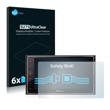 Front side of a product packaging with the brand logo Savvies. Next to it is the device Pioneer SPH-DA120 shown with the corre