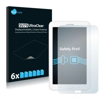 Front side of a product packaging with the brand logo Savvies. Next to it is the device Samsung Galaxy Tab 3 SM-T113 shown wit
