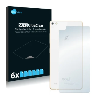 Front side of a product packaging with the brand logo Savvies. Next to it is the device Allview X2 Soul Pro (Back) shown with 
