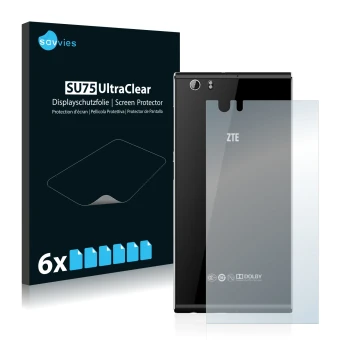 Front side of a product packaging with the brand logo Savvies. Next to it is the device ZTE Star I Star 1 (Back) shown with th