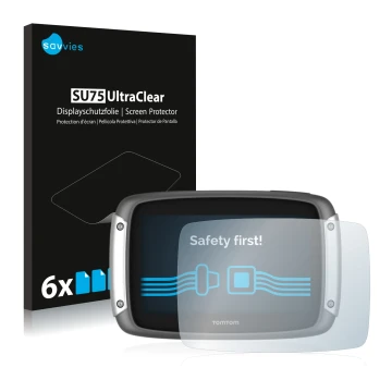 Front side of a product packaging with the brand logo Savvies. Next to it is the device TomTom Rider 400 shown with the corres