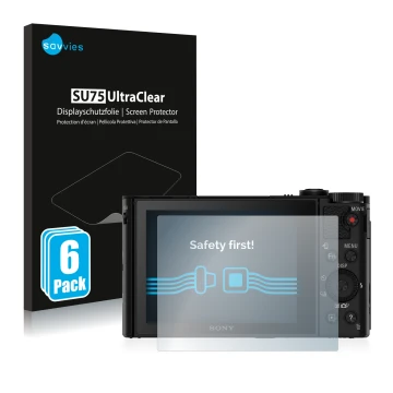 Front side of a product packaging with the brand logo Savvies. Next to it is the device Sony Cyber-Shot DSC-HX90V shown with t
