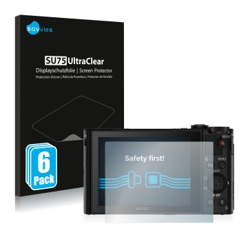 Front side of a product packaging with the brand logo Savvies. Next to it is the device Sony Cyber-Shot DSC-WX500 shown with t