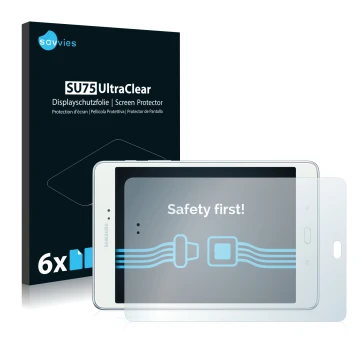 Front side of a product packaging with the brand logo Savvies. Next to it is the device Samsung Galaxy Tab A 8.0 shown with th