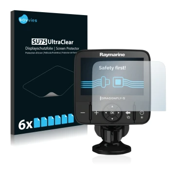 Front side of a product packaging with the brand logo Savvies. Next to it is the device Raymarine Dragonfly 5 shown with the c