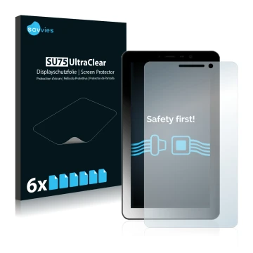 Front side of a product packaging with the brand logo Savvies. Next to it is the device Kiano Elegance 7 3G shown with the cor