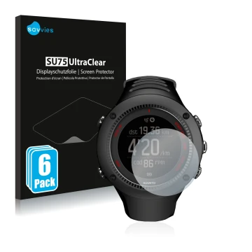 Front side of a product packaging with the brand logo Savvies. Next to it is the device Suunto Ambit3 Run Black shown with the