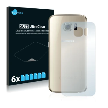 Front side of a product packaging with the brand logo Savvies. Next to it is the device Samsung SM-G920F (Back) shown with the