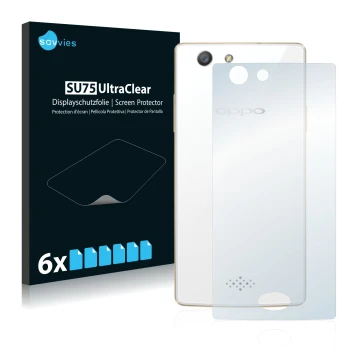 Front side of a product packaging with the brand logo Savvies. Next to it is the device Oppo A31 2015 (Back) shown with the co
