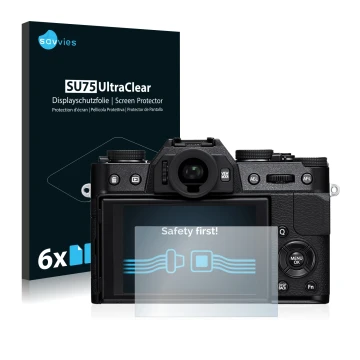 Front side of a product packaging with the brand logo Savvies. Next to it is the device Fujifilm X-T10 shown with the correspo