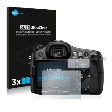 Front side of a product packaging with the brand logo Savvies. Next to it is the device Sony Alpha 77 (SLT-77) shown with the 