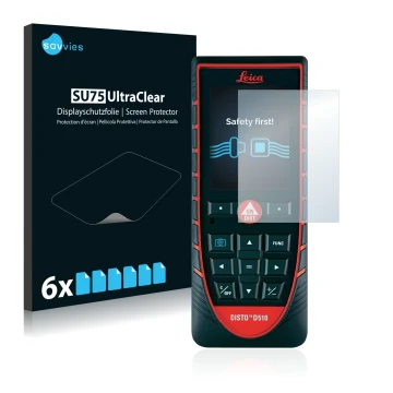 Front side of a product packaging with the brand logo Savvies. Next to it is the device Leica DISTO D510 shown with the corres