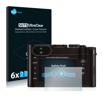 Front side of a product packaging with the brand logo Savvies. Next to it is the device Leica Q (Typ 116) shown with the corre