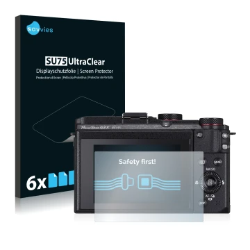 Front side of a product packaging with the brand logo Savvies. Next to it is the device Canon PowerShot G3 X shown with the co