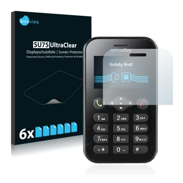 Front side of a product packaging with the brand logo Savvies. Next to it is the device Simvalley Mobile RX-484 Pico shown wit