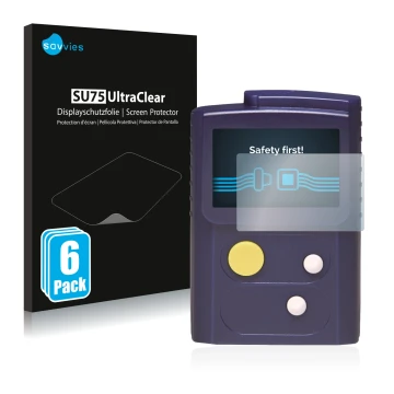 Front side of a product packaging with the brand logo Savvies. Next to it is the device Swissphone RES.Q shown with the corres